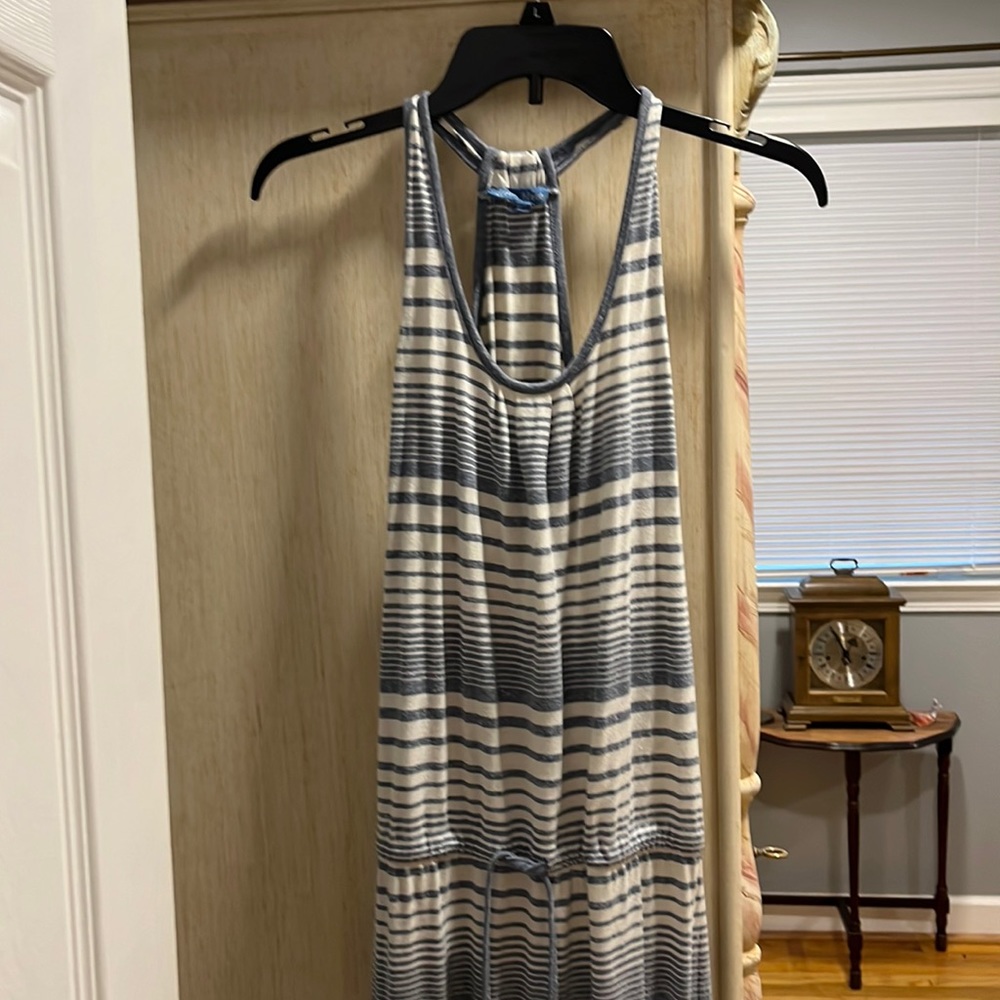 Floor length light blue & white maxi dress.